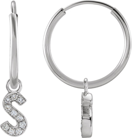 14K Gold Round Natural Diamond Initial Hoop Earrings - White Gold