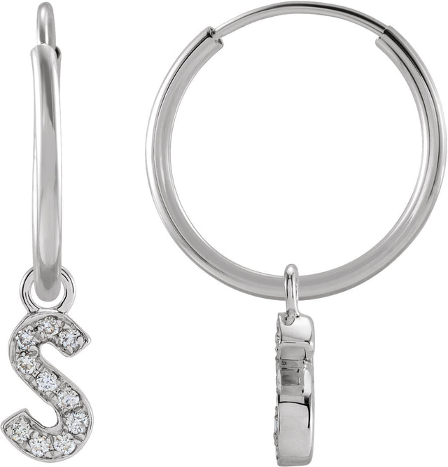 14K Gold Round Natural Diamond Initial Hoop Earrings - White Gold