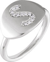 14K Gold Round Natural Diamond Accented Initial Signet Ring - White Gold
