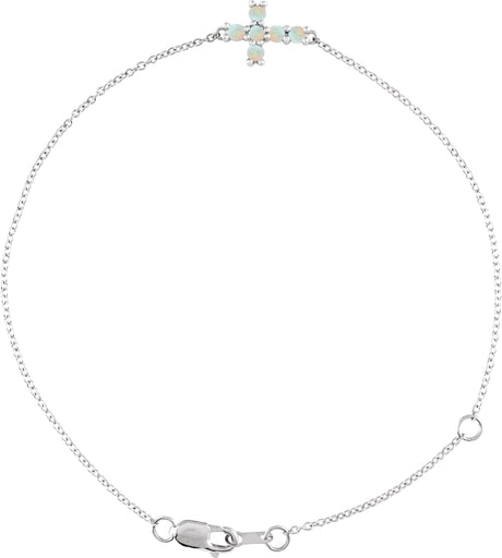 14K Gold Round Natural White Opal Sideways Cross Bracelet - White Gold