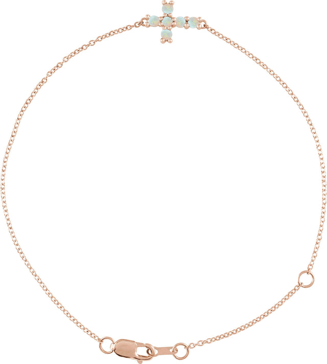 14K Gold Round Natural White Opal Sideways Cross Bracelet - Rose Gold