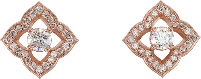 14K Gold Round Natural Diamond Halo-Style Clover Earrings - Rose Gold - view 2