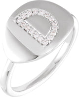 14K Gold Round Natural Diamond Accented Initial Signet Ring - White Gold