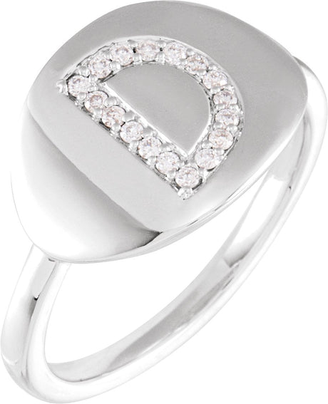 14K Gold Round Natural Diamond Accented Initial Signet Ring - White Gold