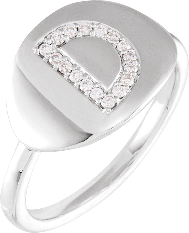 14K Gold Round Natural Diamond Accented Initial Signet Ring - White Gold