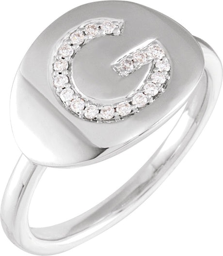 14K Gold Round Natural Diamond Accented Initial Signet Ring - White Gold