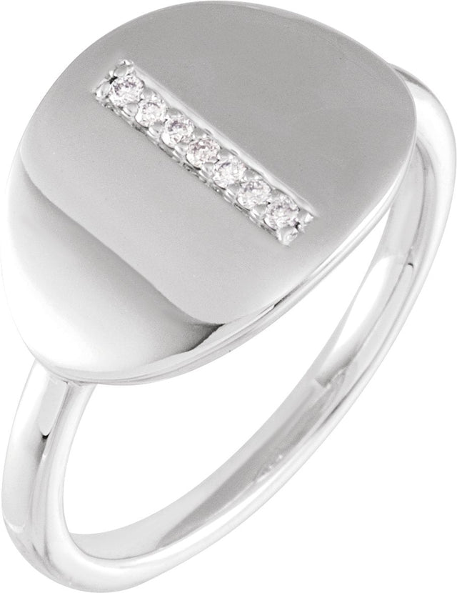 14K Gold Round Natural Diamond Accented Initial Signet Ring - White Gold