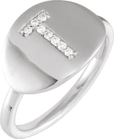 14K Gold Round Natural Diamond Accented Initial Signet Ring - White Gold