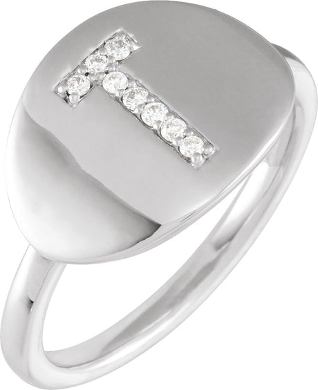 14K Gold Round Natural Diamond Accented Initial Signet Ring - White Gold