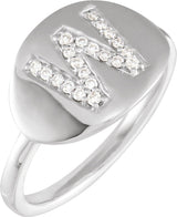 14K Gold Round Natural Diamond Accented Initial Signet Ring - White Gold