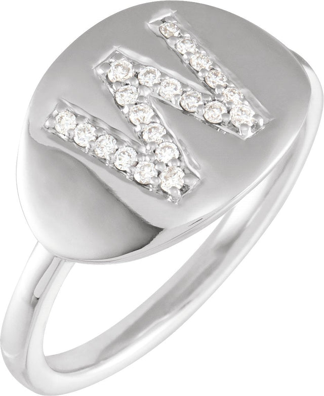 14K Gold Round Natural Diamond Accented Initial Signet Ring - White Gold