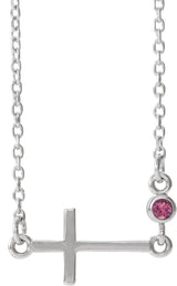 14K Gold Round Natural Pink Tourmaline Accented Sideways Cross Necklace - White Gold