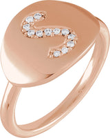14K Gold Round Natural Diamond Accented Initial Signet Ring - Rose Gold