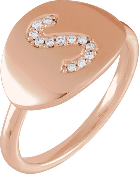 14K Gold Round Natural Diamond Accented Initial Signet Ring - Rose Gold