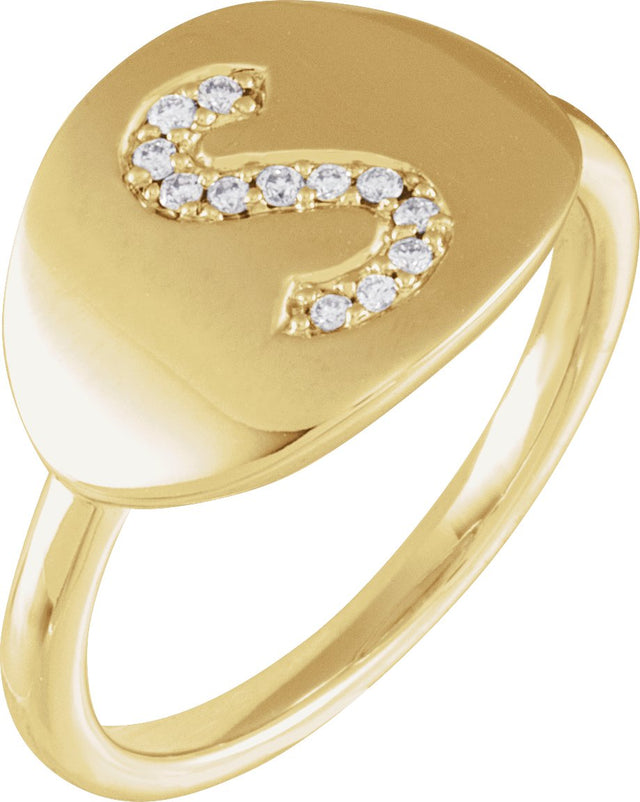 14K Gold Round Natural Diamond Accented Initial Signet Ring - Yellow Gold