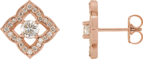 14K Gold Round Natural Diamond Halo-Style Clover Earrings - Rose Gold