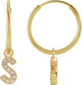 14K Gold Round Natural Diamond Initial Hoop Earrings - Yellow Gold