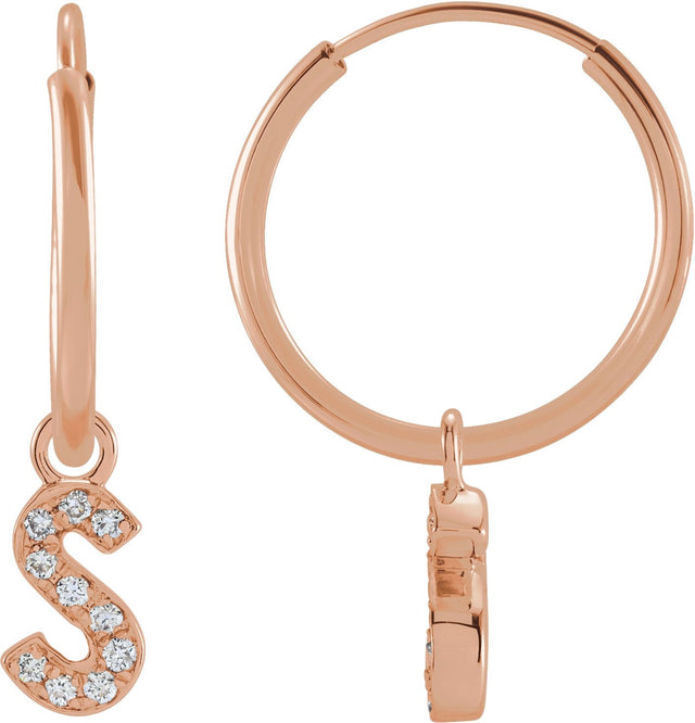 14K Gold Round Natural Diamond Initial Hoop Earrings - Rose Gold