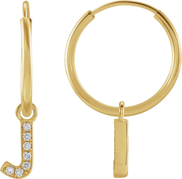 14K Gold Round Natural Diamond Initial Hoop Earrings - Yellow Gold