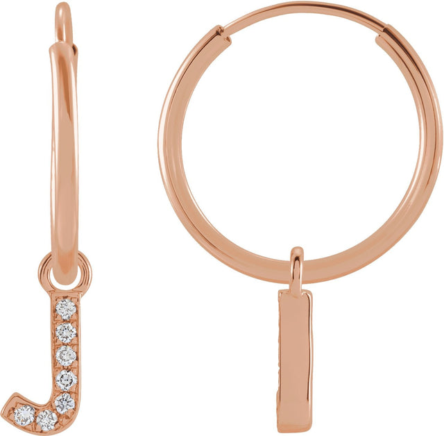 14K Gold Round Natural Diamond Initial Hoop Earrings - Rose Gold