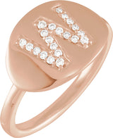 14K Gold Round Natural Diamond Accented Initial Signet Ring - Rose Gold