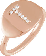 14K Gold Round Natural Diamond Accented Initial Signet Ring - Rose Gold
