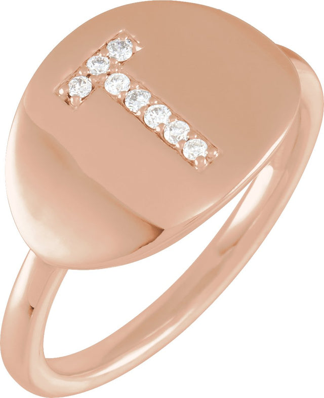 14K Gold Round Natural Diamond Accented Initial Signet Ring - Rose Gold
