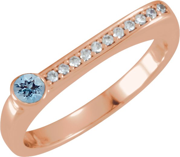 14K Gold Round Natural Aquamarine Family Stackable Ring II - Rose Gold
