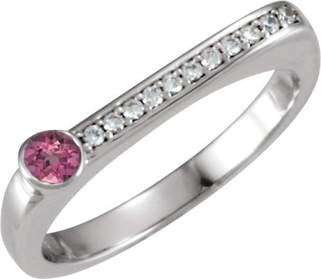 14K Gold Round Natural Pink Tourmaline Family Stackable Ring II - White Gold