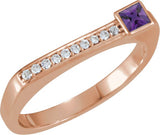 14K Gold Square Natural Amethyst Family Stackable Ring – 3x3mm - Rose Gold