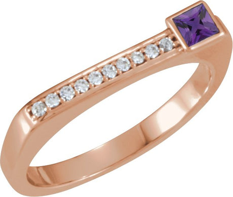 14K Gold Square Natural Amethyst Family Stackable Ring – 3x3mm - Rose Gold