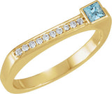 14K Gold Square Natural Aquamarine Family Stackable Ring – 3x3mm - Yellow Gold