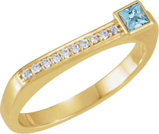 14K Gold Square Natural Aquamarine Family Stackable Ring – 3x3mm - Yellow Gold