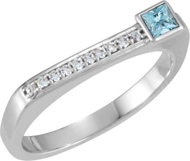 14K Gold Square Natural Aquamarine Family Stackable Ring – 3x3mm - White Gold