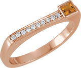 14K Gold Square Natural Citrine Family Stackable Ring – 3x3mm - Rose Gold