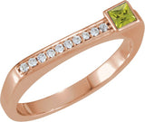 14K Gold Square Natural Peridot Family Stackable Ring – 3x3mm - Rose Gold