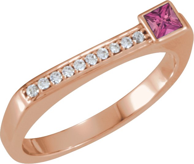 14K Gold Square Natural Pink Tourmaline Family Stackable Ring – 3x3mm - Rose Gold