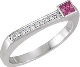 14K Gold Square Natural Pink Tourmaline Family Stackable Ring – 3x3mm - White Gold
