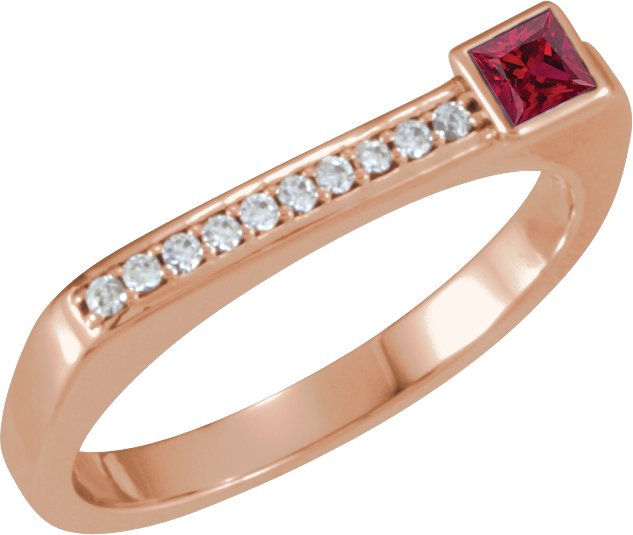 14K Gold Square Natural Ruby Family Stackable Ring – 3x3mm - Rose Gold