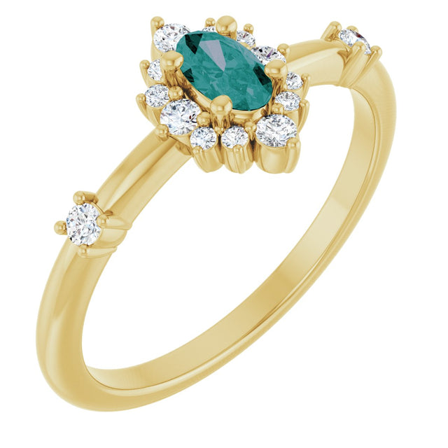 14K Gold Oval Lab-Grown Alexandrite Halo-Style Ring - Yellow Gold