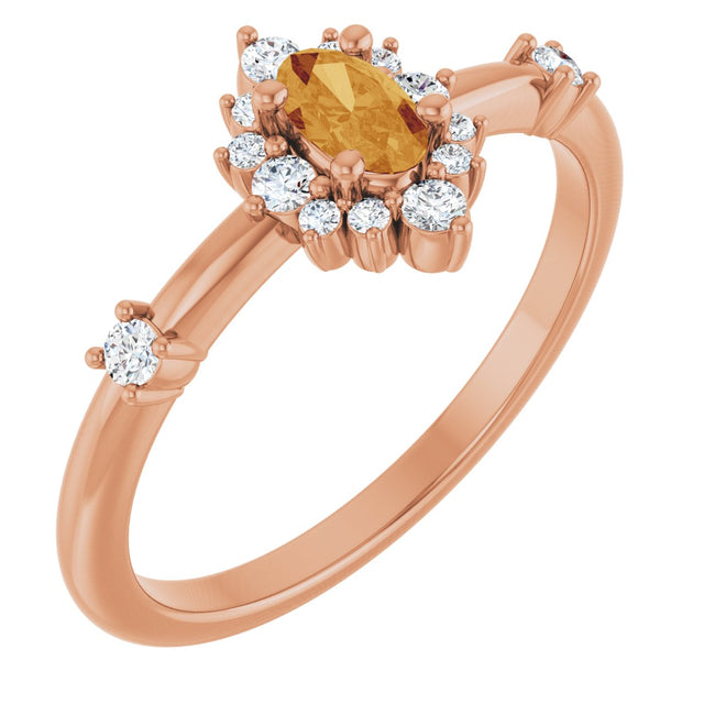 14K Gold Oval Natural Citrine Halo-Style Ring - Rose Gold