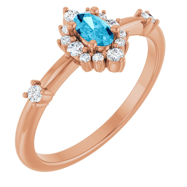 14K Gold Oval Natural Aquamarine Halo-Style Ring - Rose Gold