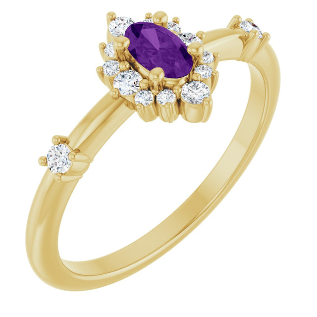 14K Gold Oval Natural Amethyst Halo-Style Ring - Yellow Gold