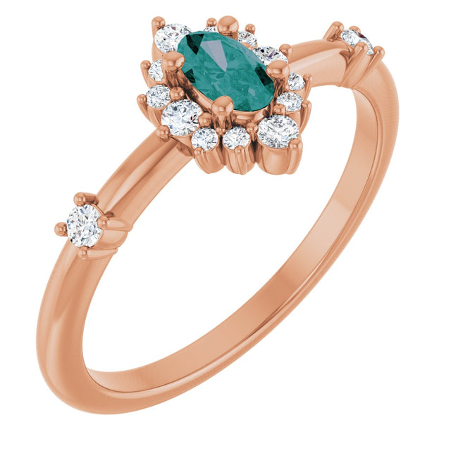14K Gold Oval Lab-Grown Alexandrite Halo-Style Ring - Rose Gold