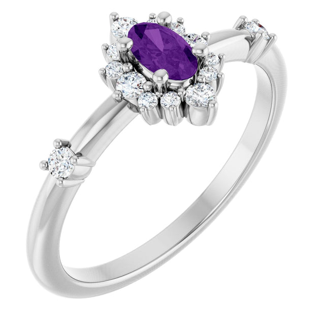 Platinum Oval Natural Amethyst Halo-Style Ring
