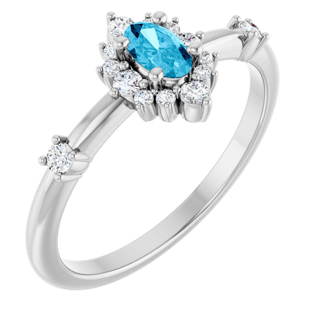 Platinum Oval Natural Aquamarine Halo-Style Ring
