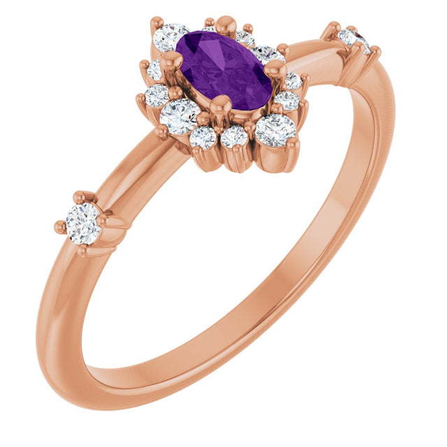 14K Gold Oval Natural Amethyst Halo-Style Ring - Rose Gold