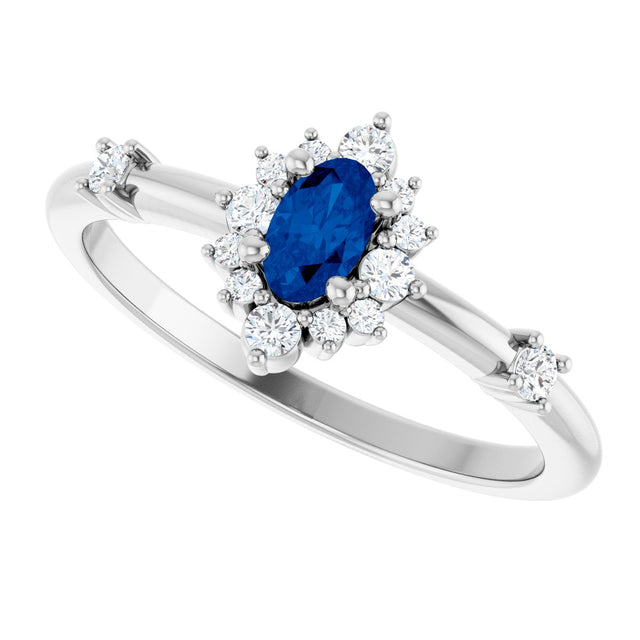 14K Gold Oval Lab-Grown Blue Sapphire Halo-Style Ring - White Gold - view 5