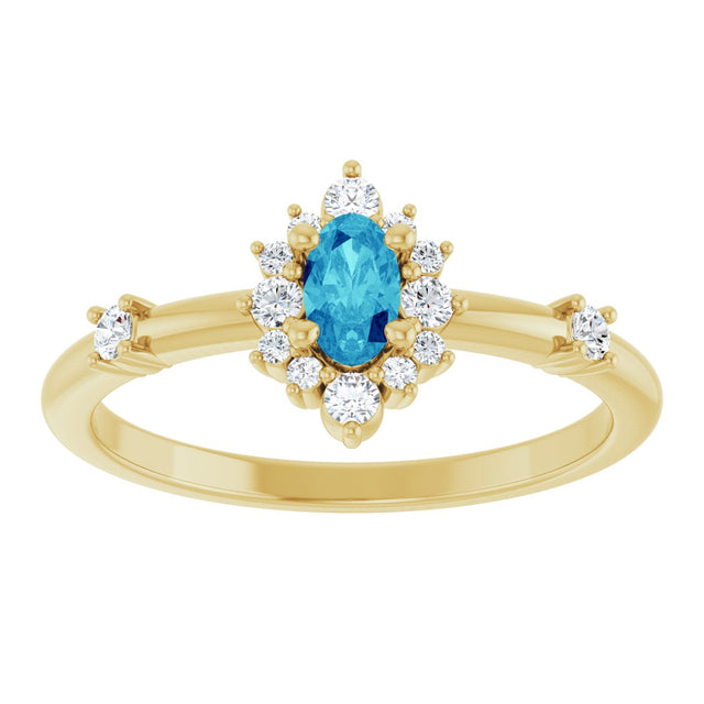 14K Gold Oval Natural Blue Zircon Halo-Style Ring - Yellow Gold - view 3