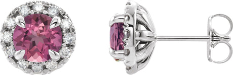 14K Gold Round Natural Pink Tourmaline French-Set Halo-Style Earrings - White Gold